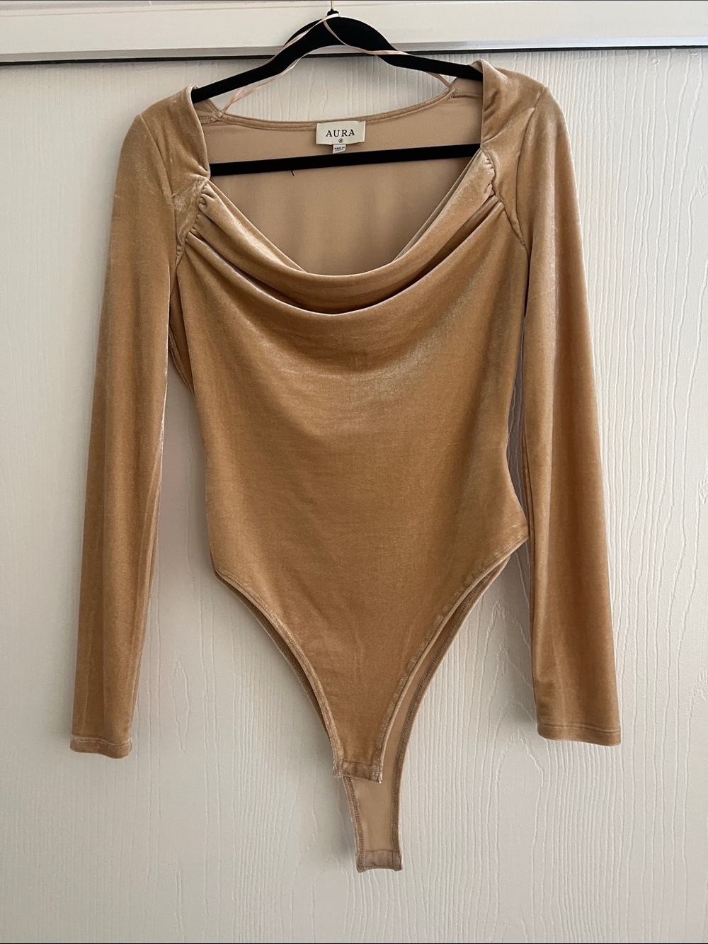 AURA Velvet Cowl Neck Long Sleeve Bodysuit - Camel Tan